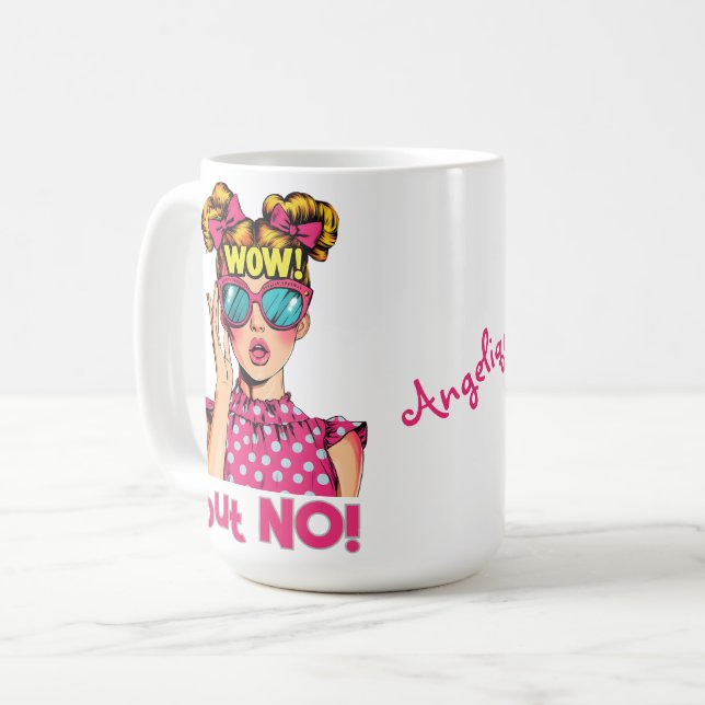 Popart-flicka säger "WOW men NEJ!" Kaffemugg (Framsida vänster)