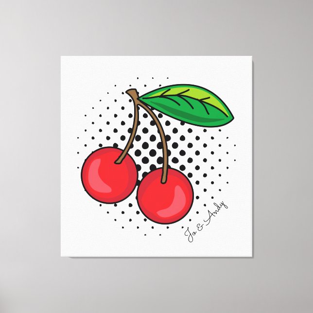 Popart Red Cherries on Halftone Dots Kanvastryck (Framsida)