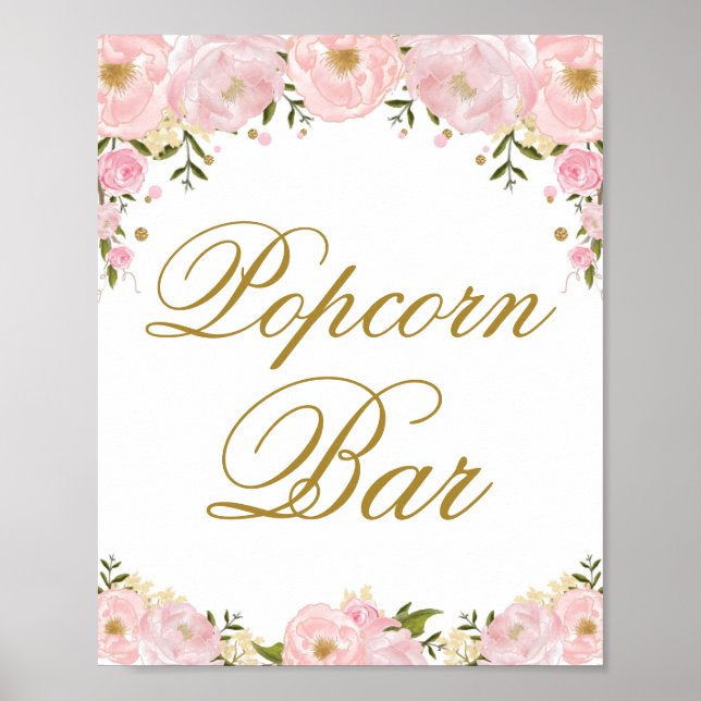 Popcorn Bar Rosa Blommig Bröllopspresent Kort Poster (Framsidan)