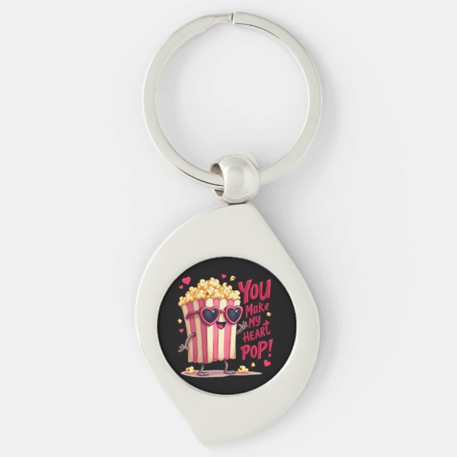 Popcorn Heart Pop Valentine Design Swirl Silverfärgad Nyckelring (Framsidan)
