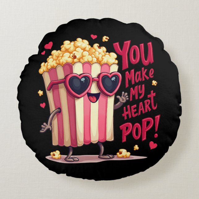 Popcorn Heart Pop Valentinsdesign Rund Kudde (Framsidan)