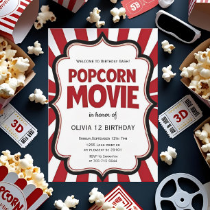 Popcorn Movie Night Birthday Red Theater Party Inbjudningar