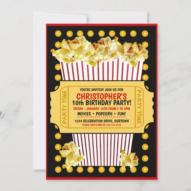 Popcorn och Movie Födelsedagsfest inbjudan (Framsida)
