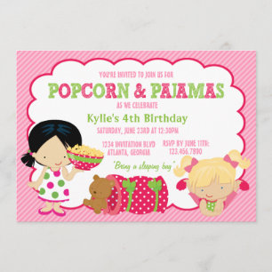 Popcorn- och PajamasSleepoverparty Inbjudningar