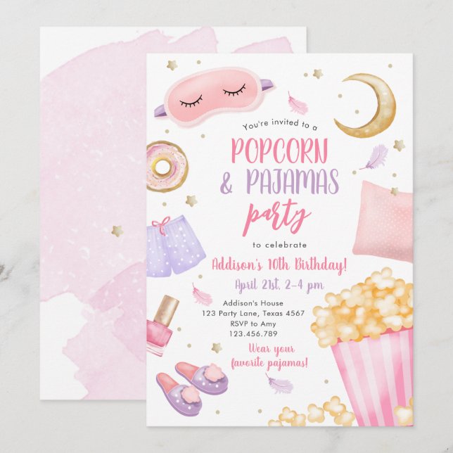 Popcorn Pajamas Sleepover Slumber Party Birthday I Inbjudningar (Fram/baksida)