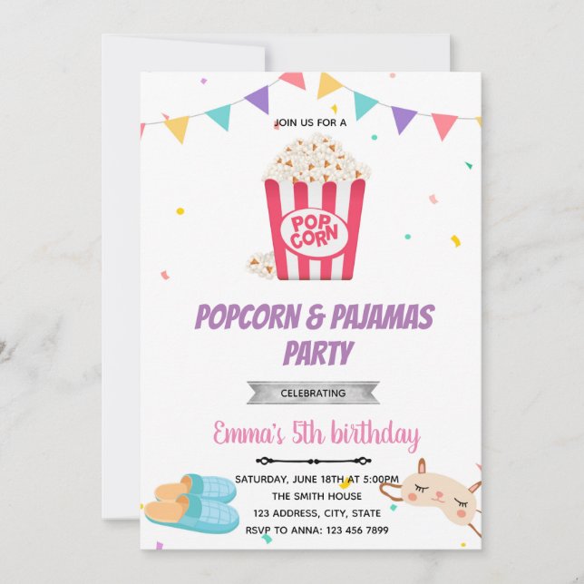 Popcorn-pyjamas-födelsedagsinbjudan Tack Kort (Framsida)
