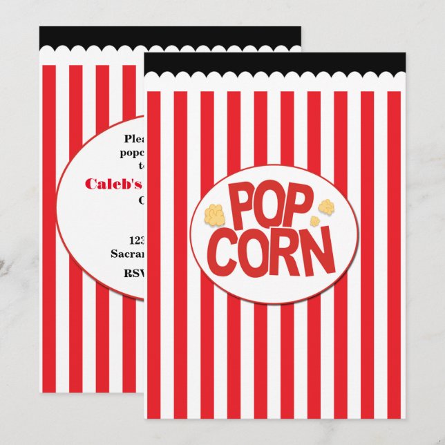 Popcorn Red & White Rand Movie Party-inbjudningar Inbjudningar (Fram/baksida)