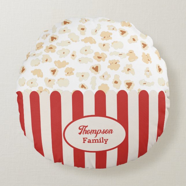 Popcorn Retro Movie Cinema Monogram Rund Kudde (Framsidan)