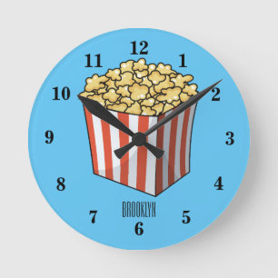 Popcorn-tecknad, illustration rund klocka
