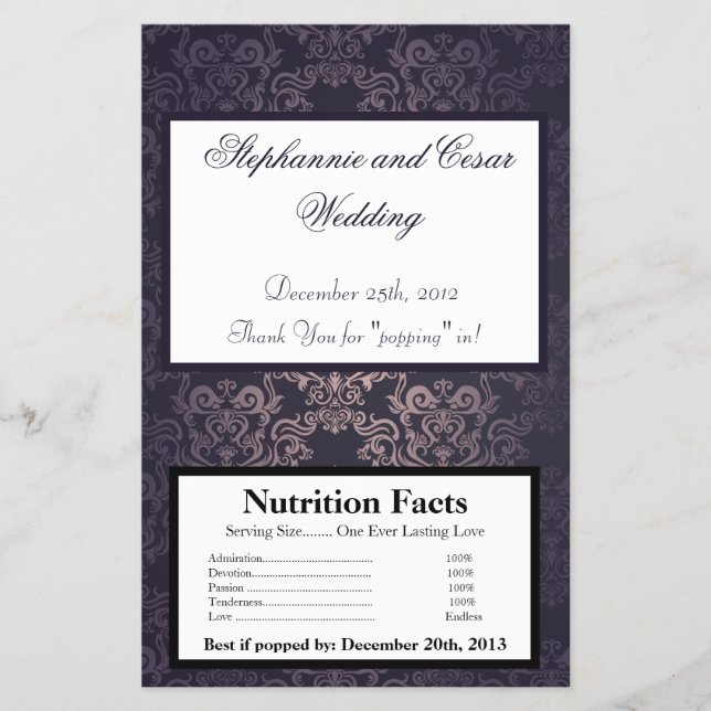 Popcorn Wrapper Deep Lila Damask Flygblad (Framsidan)