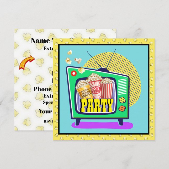 Popcornfest / Filmkväll / Pyjamasparty, etc.  Inbjudningar (Fram/baksida)