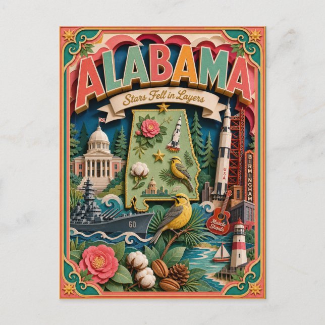 PopCut Alabama färgglad 3D-papperskonst Vykort (Framsida)