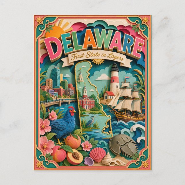 PopCut Delaware Färgglad 3D Papperskonst Vykort (Framsida)