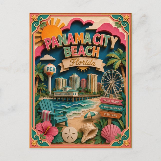 PopCut Delstater Panama City Beach Florida Pappers Vykort (Framsida)