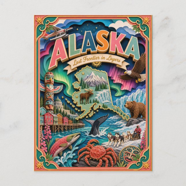 PopCut stater Alaska Färgglad 3D Papperskonst Vykort (Framsida)