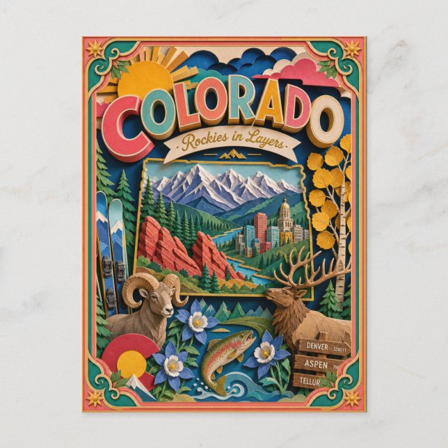 PopCut stater Colorado Färgglad 3D papperskonst Vykort (Framsida)