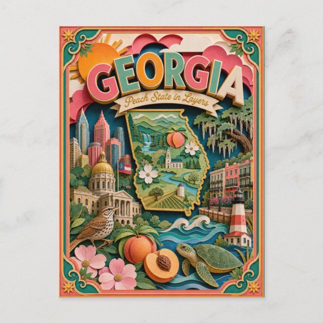 PopCut stater Georgia Färgglad 3D Papperskonst Vykort (Framsida)
