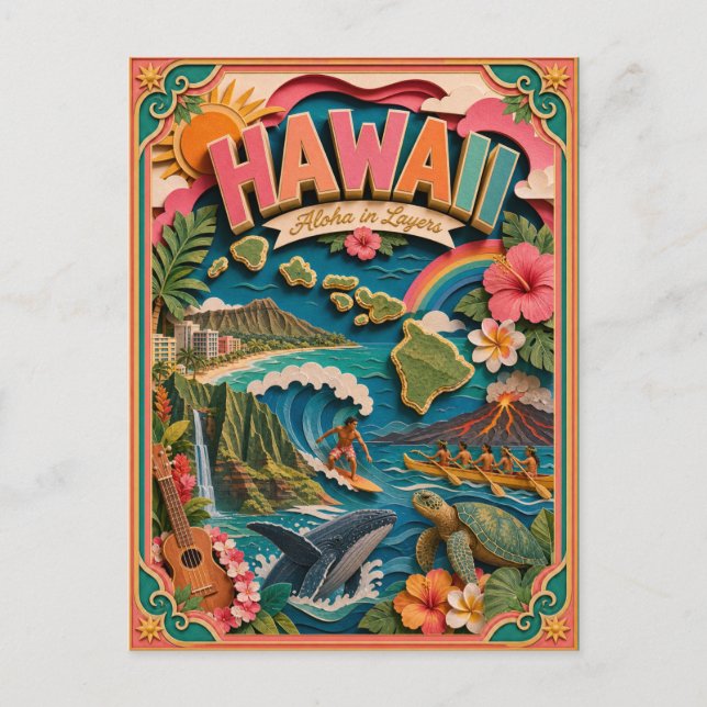 PopCut stater Hawaii Färgglad 3D Papperskonst Vykort (Framsida)