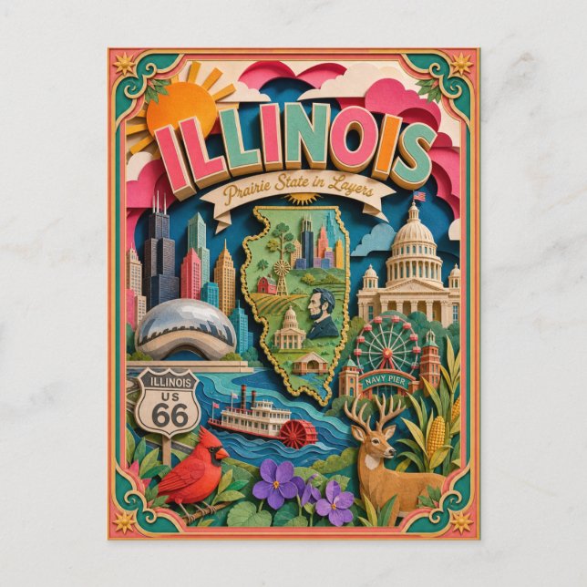 PopCut stater Illinois Färgglad 3D papperskonst Vykort (Framsida)