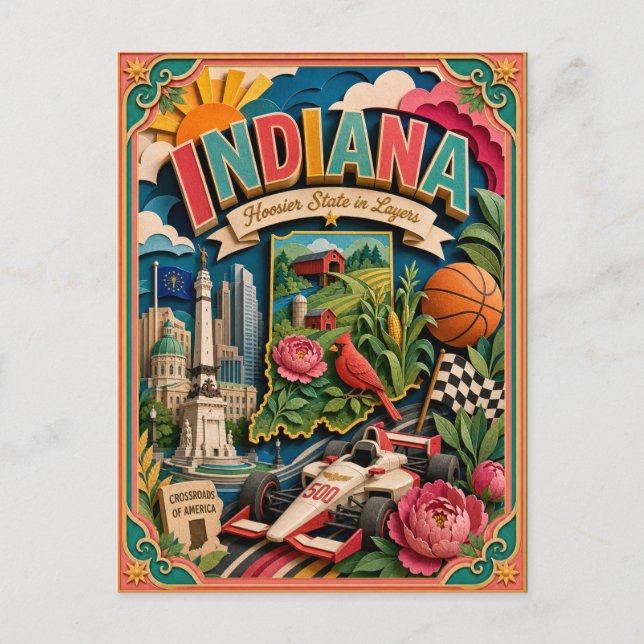 PopCut stater Indiana Färgrik 3D papperskonst Vykort (Framsida)