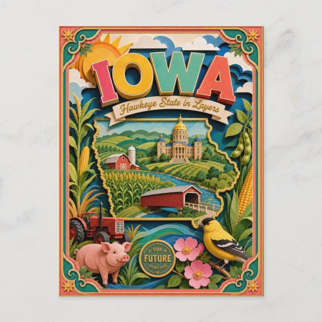 PopCut stater Iowa Färgglad 3D papperskonst Vykort (Framsida)