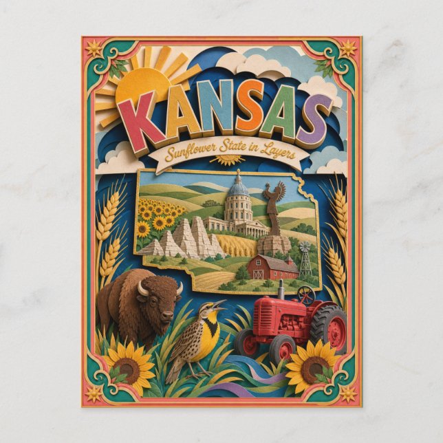 PopCut stater Kansas Färgglad 3D Papperskonst Vykort (Framsida)