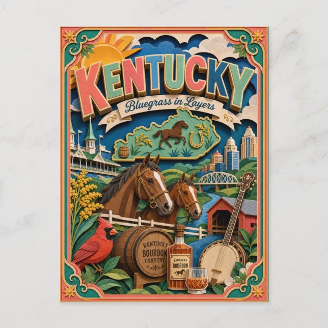 PopCut stater Kentucky Färgrik 3D Papperskonst Vykort (Framsida)