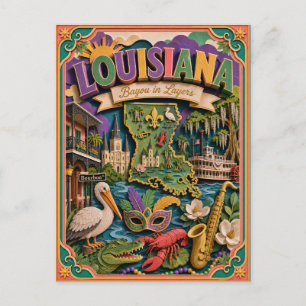 PopCut stater Louisiana Färgglad 3D Papperskonst Vykort
