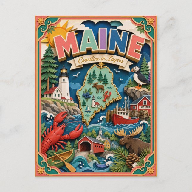 PopCut stater Maine Färgglad 3D-papperskonst Vykort (Framsida)