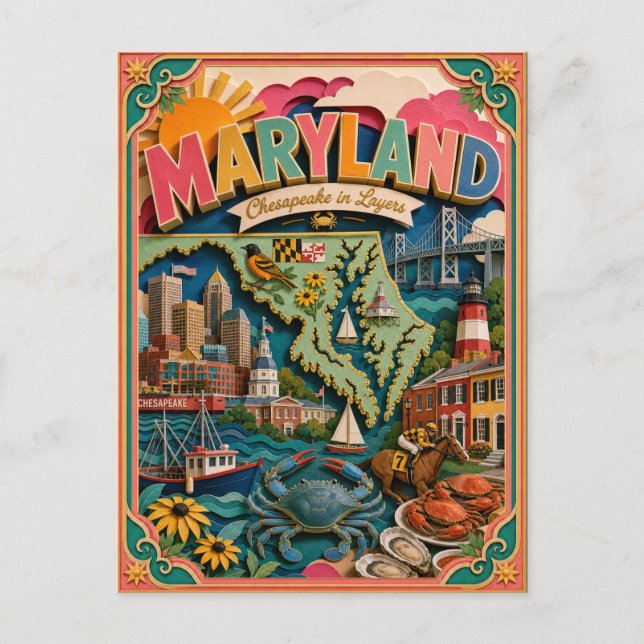 PopCut stater Maryland Färgglad 3D papperskonst Vykort (Framsida)