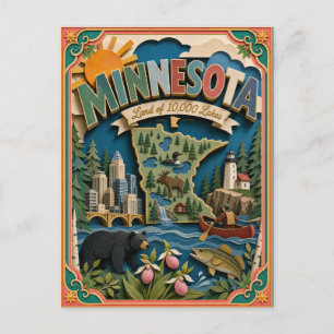 PopCut Stater Minnesota Färgglad 3D Papperskonst Vykort