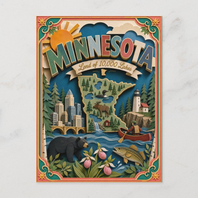 PopCut Stater Minnesota Färgglad 3D Papperskonst Vykort (Framsida)