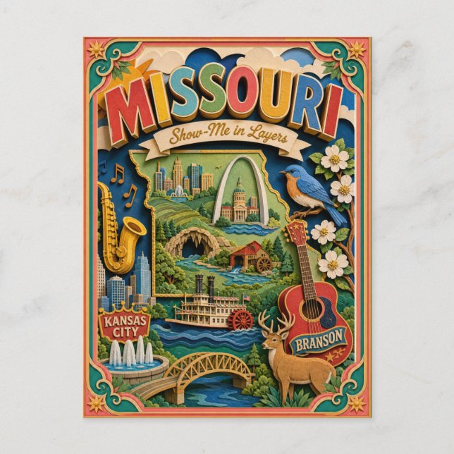 PopCut stater Missouri Färgglad 3D papperskonst Vykort (Framsida)