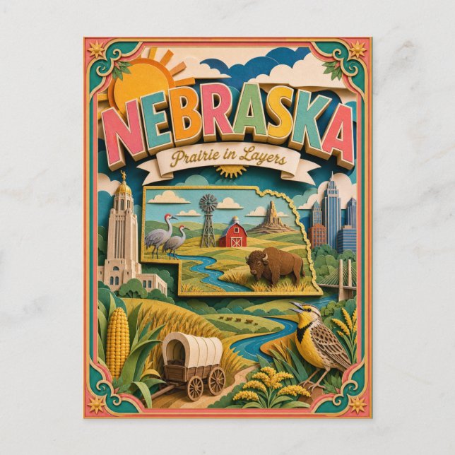 PopCut Stater Nebraska Färgglad 3D Papperskonst Vykort (Framsida)