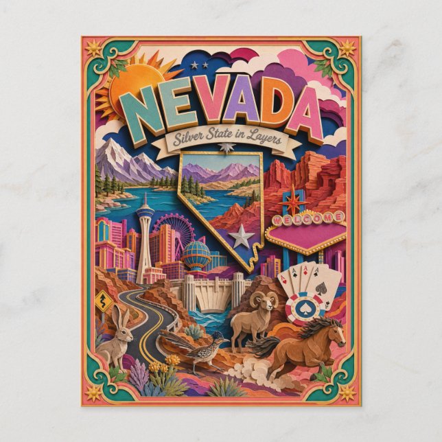 PopCut stater Nevada Färgrik 3D papperskonst Vykort (Framsida)