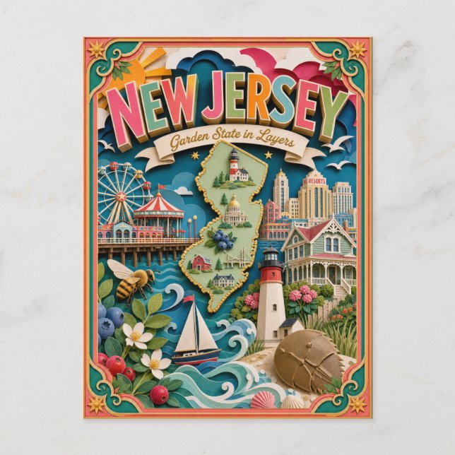 PopCut stater New Jersey Färgglad 3D papperskonst Vykort (Framsida)