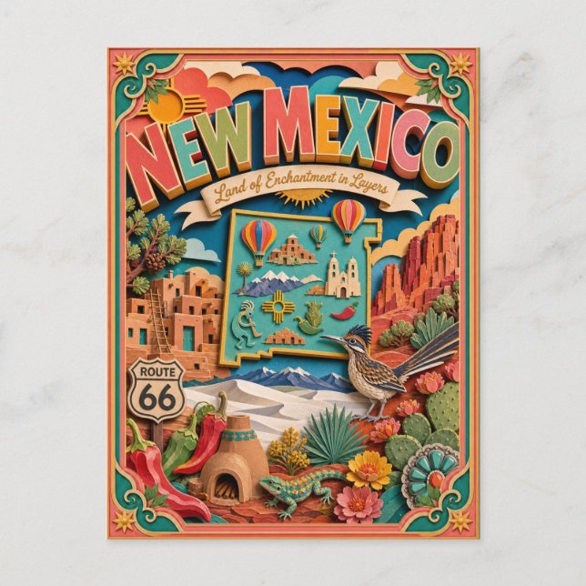 PopCut stater New Mexico Färgglad 3D papperskonst Vykort (Framsida)