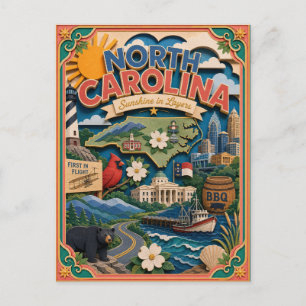 PopCut stater North Carolina Färgglad 3D Pappersko Vykort