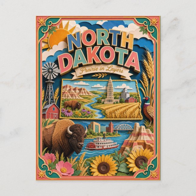 PopCut stater North Dakota Färgglad 3D Papperskons Vykort (Framsida)