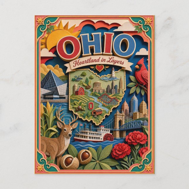 PopCut stater Ohio Färgglad 3D papperskonst Vykort (Framsida)