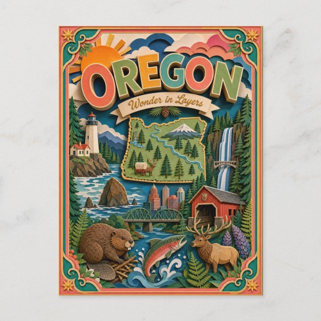 PopCut stater Oregon Färgglad 3D Papperskonst Vykort (Framsida)