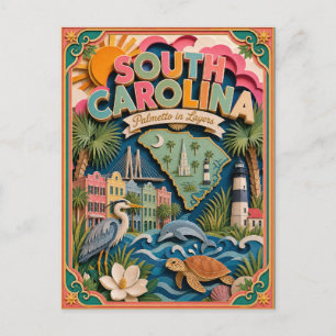 PopCut stater South Carolina Färgglad 3D Pappersko Vykort