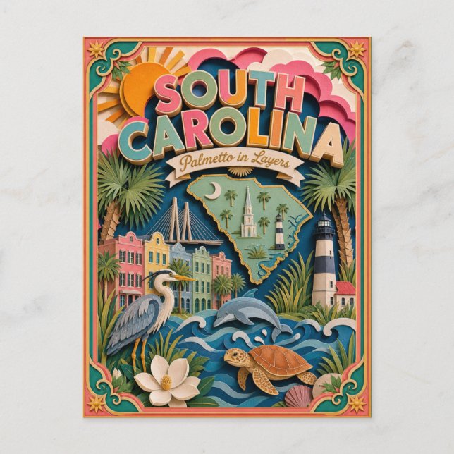 PopCut stater South Carolina Färgglad 3D Pappersko Vykort (Framsida)