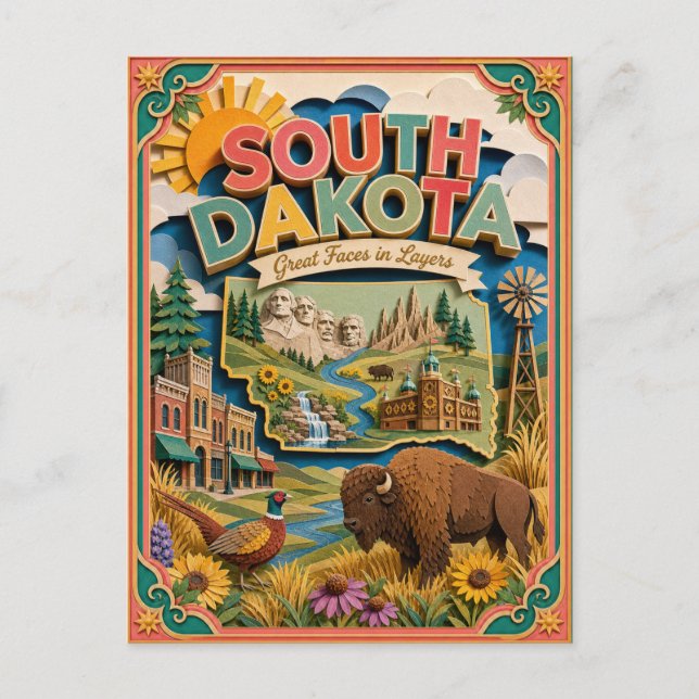 PopCut stater South Dakota Färgglad 3D papperskons Vykort (Framsida)