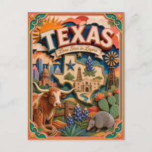 PopCut stater Texas Färgglad 3D Papperskonst Vykort
