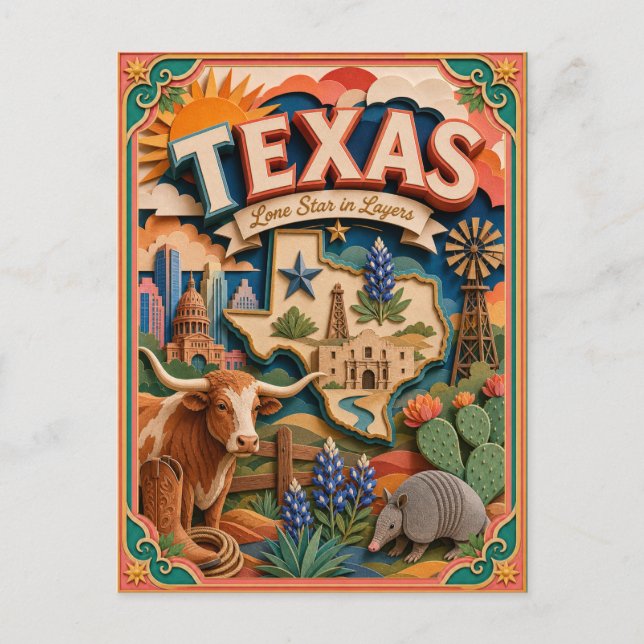 PopCut stater Texas Färgglad 3D Papperskonst Vykort (Framsida)