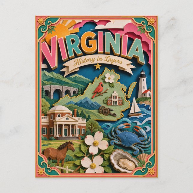 PopCut stater Virginia Färgrik 3D papperskonst Vykort (Framsida)