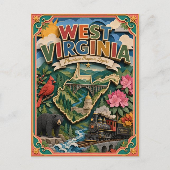PopCut stater West Virginia Färgrik 3D Papperskons Vykort (Framsida)