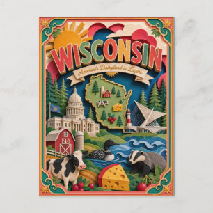 PopCut stater Wisconsin Färgglad 3D papperskonst Vykort