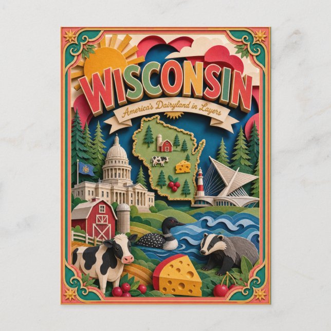 PopCut stater Wisconsin Färgglad 3D papperskonst Vykort (Framsida)